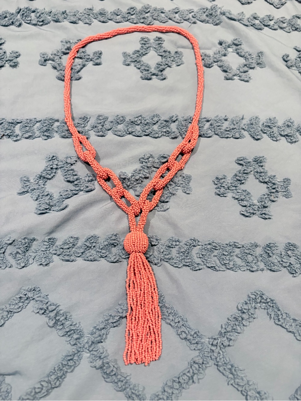 Coral Pink Seed Bead Tassel Statement Necklace Boho